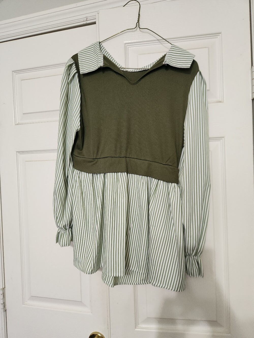 SHEIN Olive Green Sweater-Paneled Striped Blouse